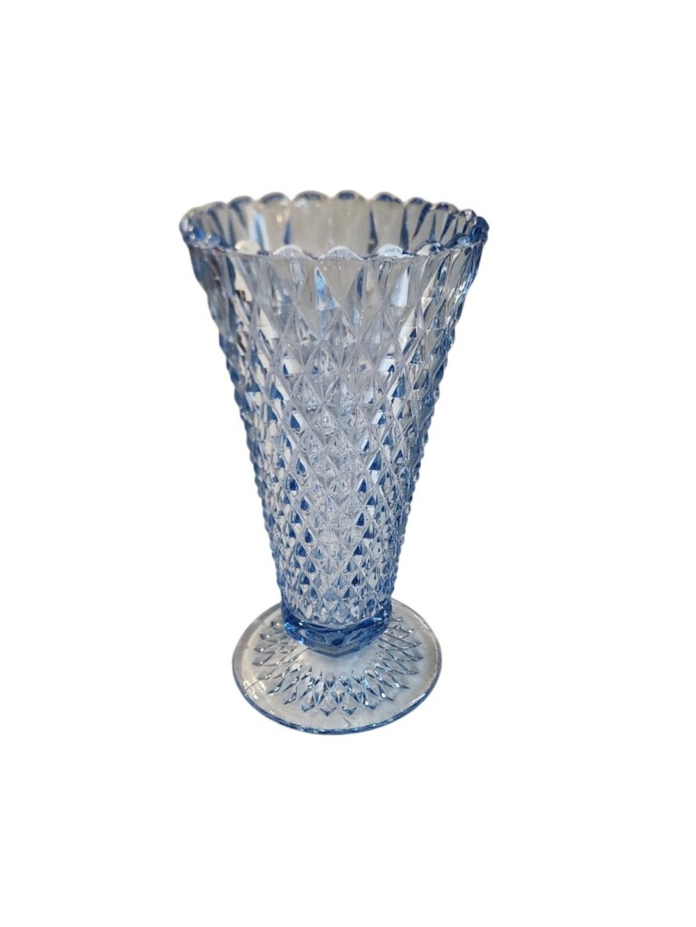 Indiana Glass Diamond Point Blue Pedestal Vase 8 High 1960's